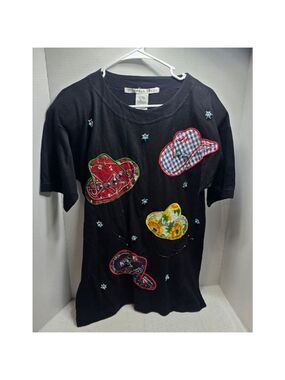 Women's Victoria Jones Black Short Sleeve Tee with Cowboy Hat Appliques S